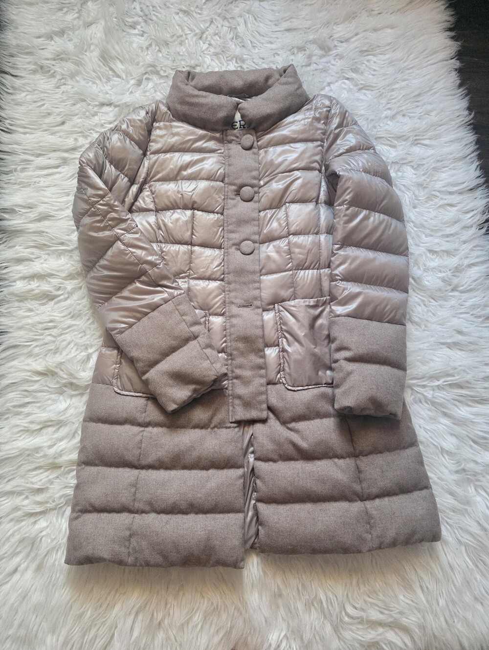 Herno Taupe Quilted Mixed-Fabric Long Puffer Coat